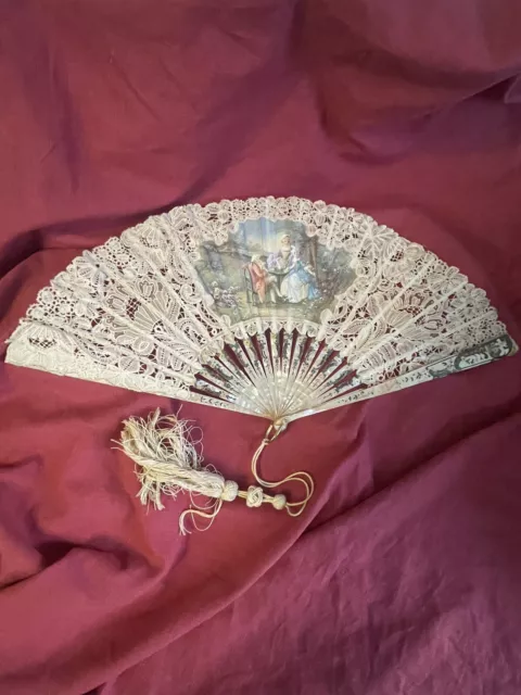 BEL EVENTAIL FAN VENTAGLIO ABANICO ANCIEN Broderie Peint Dentelle À RESTAURER