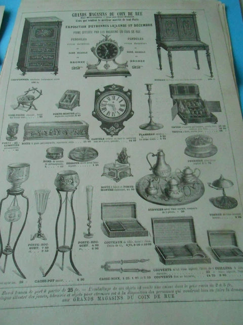 Gravure 1877 - Grands Magasin du coin de rue Expo Etrennes Pendules couteaux etc