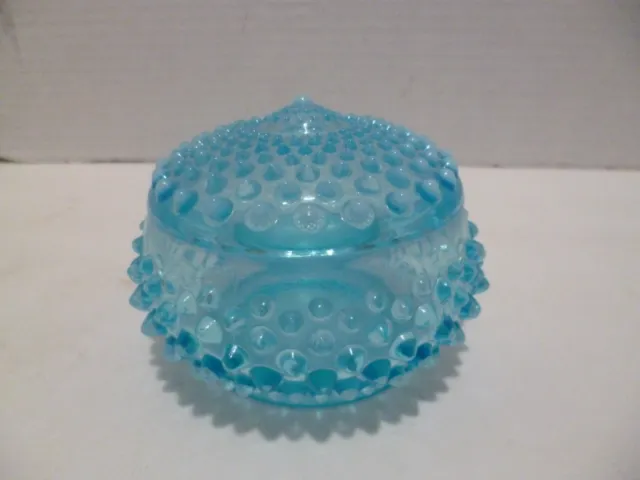 Fenton Blue Opalescent Hobnail Powder Jar With Lid 4" Wide