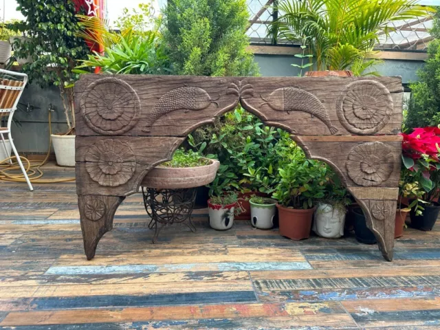 Ancient 1700's Old Wooden Hand Carved Floral Fish Figure Arch Wall Hanging Panel