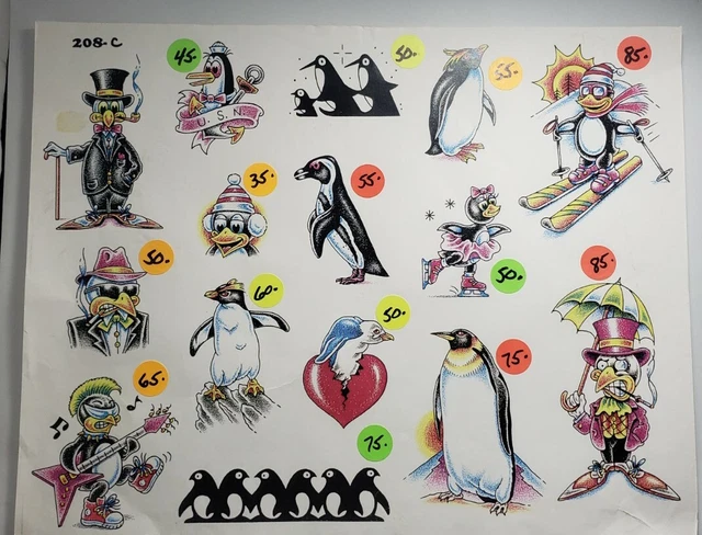 Hoja flash vintage de arte de pingüinos para tatuajes
