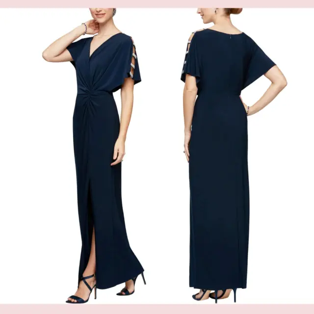 NEW $199 Alex Evenings  Embellished Sleeve Knot Front Gown Navy Blue  Size 14