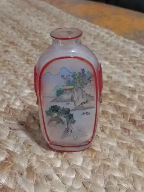 Vtg Chinese Inside Reverse Hand Painted Small 3" Glass Snuff Bottle Scene House