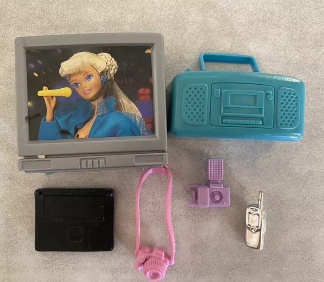 Vintage 1990's BARBIE Television TV Stereo BOOM BOX Camera CELL PHONE Bundle