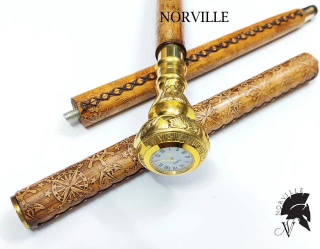 Antique Walking Stick With Brass Victorian Clock Handle Wooden Cane For Men Gift