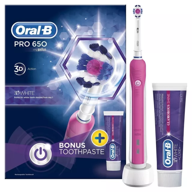 Oral-B Pro 650 PINK 3D White Action Electric Rechargeable Toothbrush + T/Paste