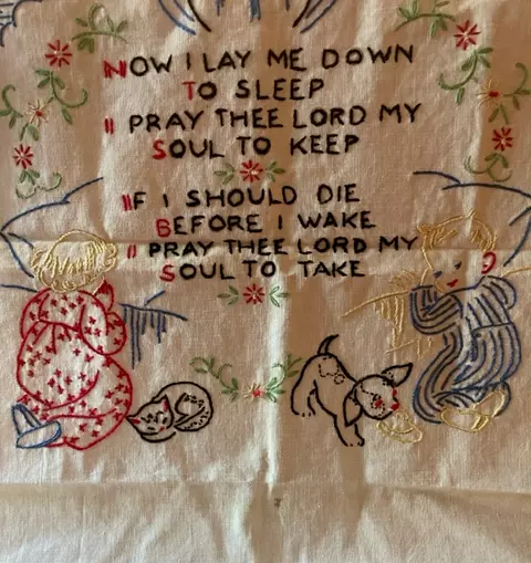 Vintage Sampler Nursery Cross Stitch Childs Prayer Now I Lay Me Down To Sleep