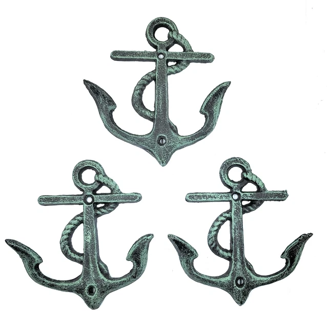3 Cast Iron Anchor Coat Hooks Nautical Wall Mount Hook Beach Ocean Decor