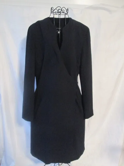 GIORGIO ARMANI black wool V-Neck wrap dress w/ strong shoulders. Size 40