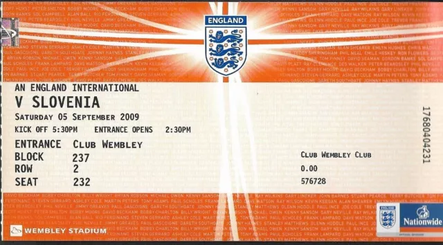 England v Slovenia. International Match. 2009-2010 TICKET STUB.