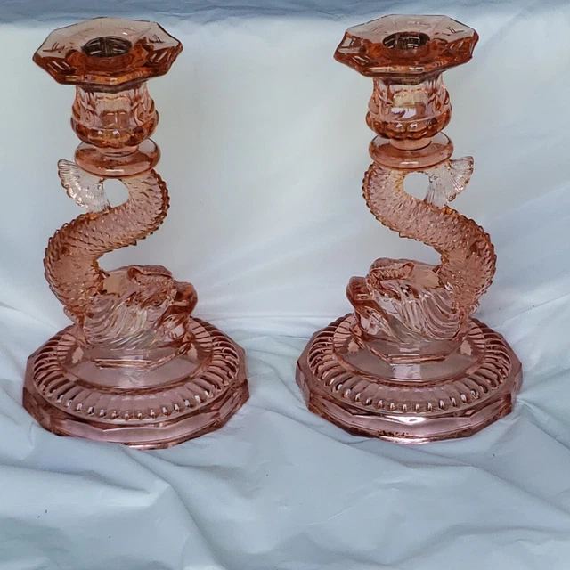 Vintage Pair Pink Portieux Vallerysthal Dolphin Serpent Koi Candlesticks