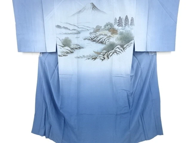 09831# Japanese Kimono / Antique Mens Juban / Distant Mountains & House
