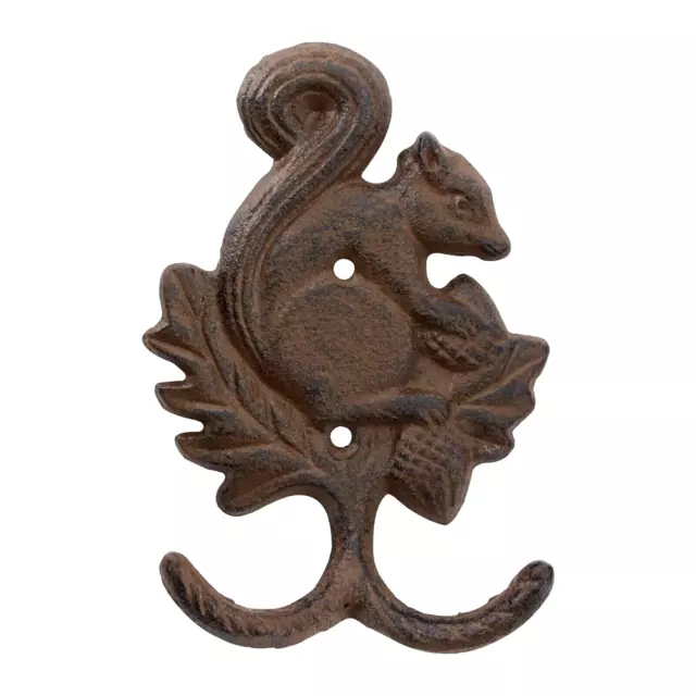 Squirrel Acorn Double Wall Hook Cast Iron Key Coat Towel Hanger Rustic Brown 6"