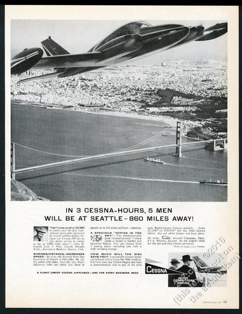 1960 Cessna 310 plane over San Francisco photo vintage print ad