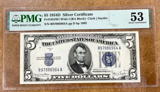 1934D $5 Silver Certificate  PMG  AU53   R/A  block