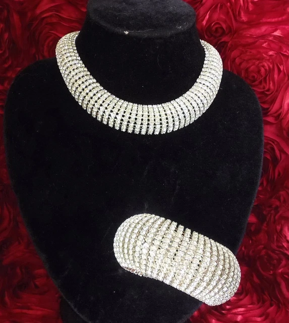 Parure Vintage Collier + Bracelet à Rangs De Strass Articulés - Occasion Avec Usure