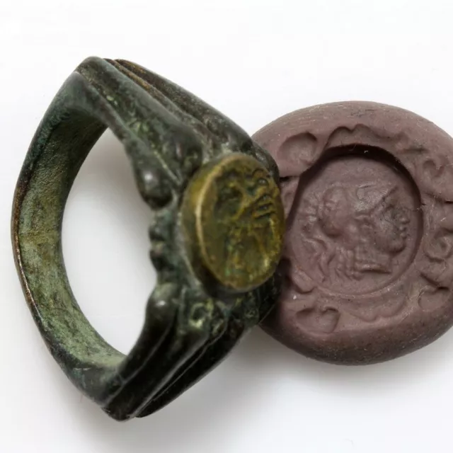 Ancient Roman legionary bronze seal ring depicting Athens head-circa 100 AD