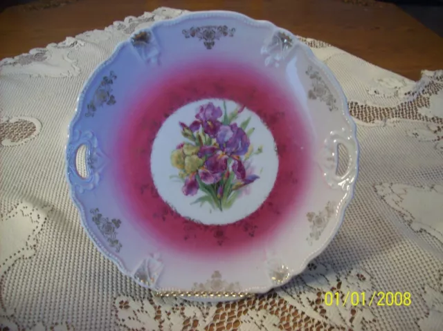 Iris Floral Vtg Porcelain China Handled Serving Cake Plate German The 3 Crown