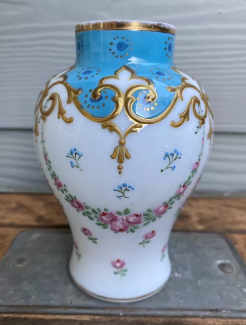 Vtg Hand-Painted Victorian Era Milk Glass Vase Gold Accents Flowers 5.25" Tall