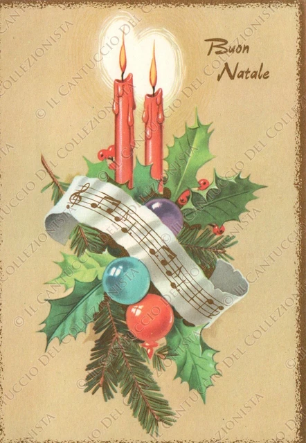 Buon Natale Decorazione candele agrifoglio Cartolina augurale illustrata