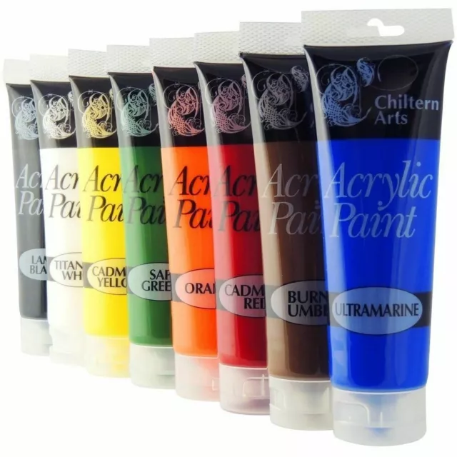 Chiltern Arts 8 Tubes Of Assorted Colour Acrylic Paint - 120ml Tubes