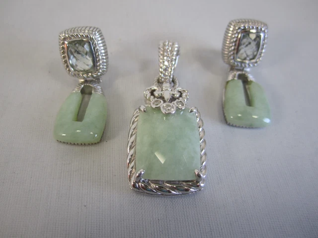 Judith Ripka 925 Sterling Silver Jade With Stones Pendant Enhancer & Earring Set