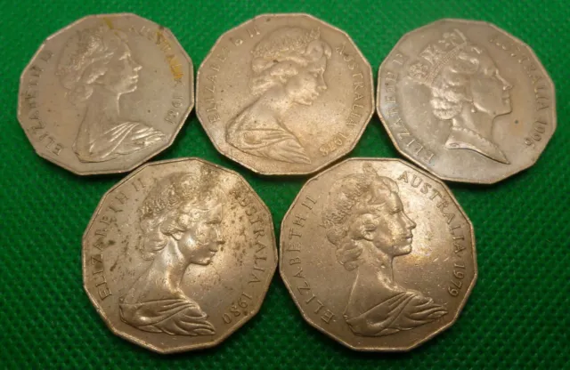 5  assorted Australian  fifty cent Coins #5-A50