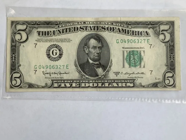 Series 1950 D Lincoln five Dollar Bill Chicago Mint Crisp Condition No Creases