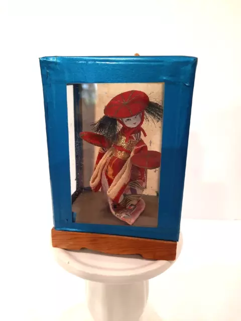 Vintage Japanese Geisha Doll Traveler in Cloth Kimono in 4” Case Crate unopened