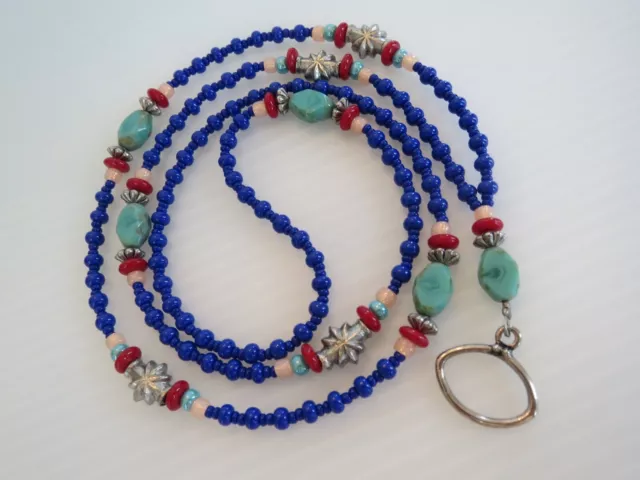 EYEGLASS CHAIN HOLDER LANYARD NECKLACE Beaded Turquoise,Navy, Coral Silver Bead