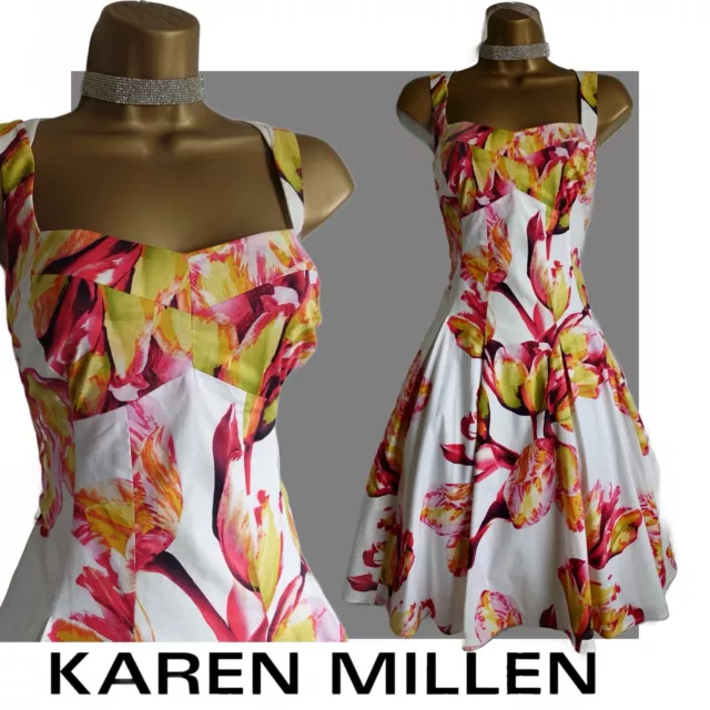Karen Millen dress size 12 - 14 pink white floral cotton fit & flare midi VCG
