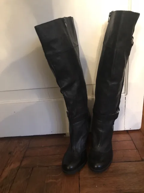 Nine West Black Leather Harness Round Toe Stacked Heel Knee High Boots