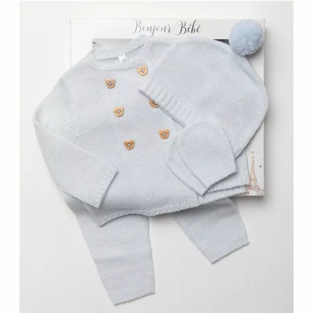 Newborn Baby Boy Spanish Style Knitted Pom Outfit Blue Pram Set Gift Boys 0-6M