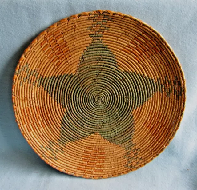 Vtg Woven Sweet Grass Coil Basket w/ Star Design Boho, Native American Decor