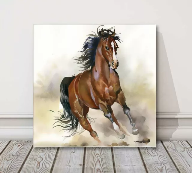 racing horse art watercolour canvas picture print framed brown