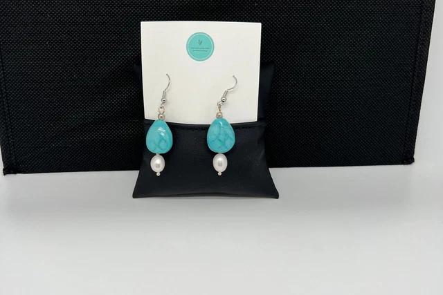 Sterling silver fishhook freshwater pearl and teardrop aqua glass beads