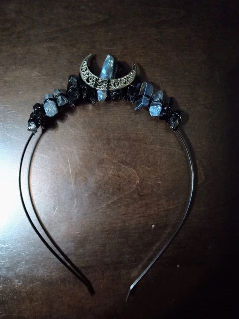 Goth Goddess Raw Crystal Tiara Headband Crown Crescent Moon HeadPiece Gothic Alt