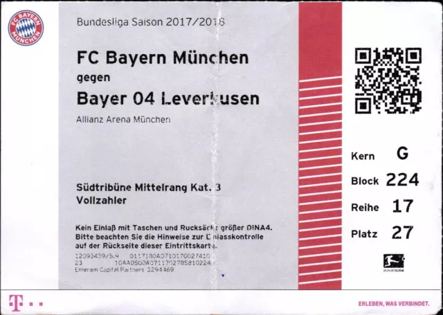 3233 Biglietto Bl 2017/18 FC Bayern München - Bayer 04 Leverkusen, 18.08.2017