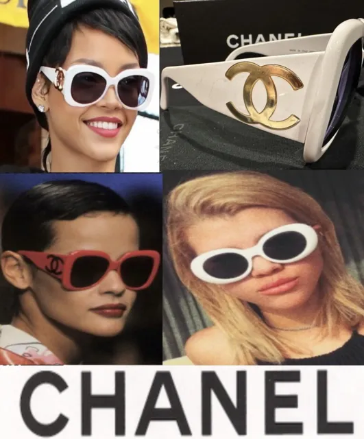 Chanel Vintage 1995 Barbie White 24Karat Gold Logo 90 1990 Sunglasses Black Case