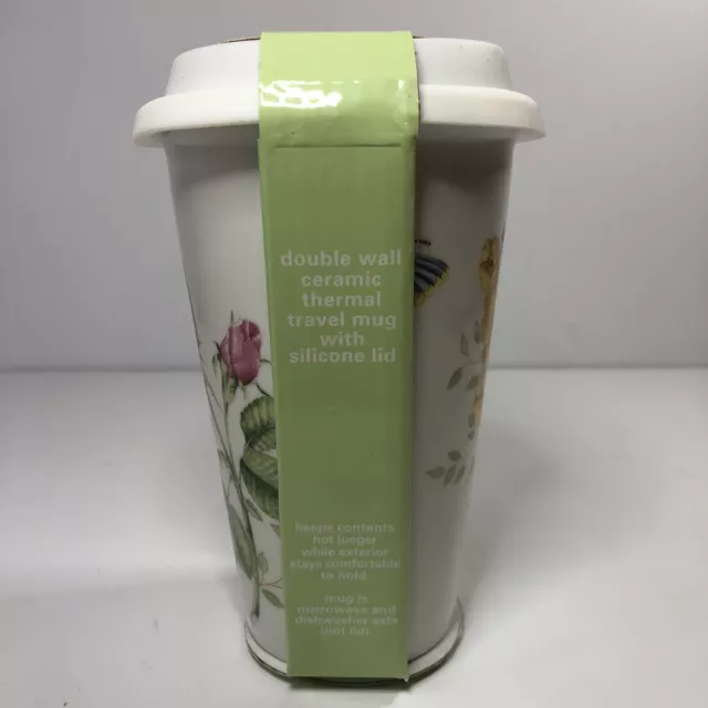New Lenox Ceramic Thermal Travel Mug Butterfly Meadow Tumbler 10oz Silicone Lid 3