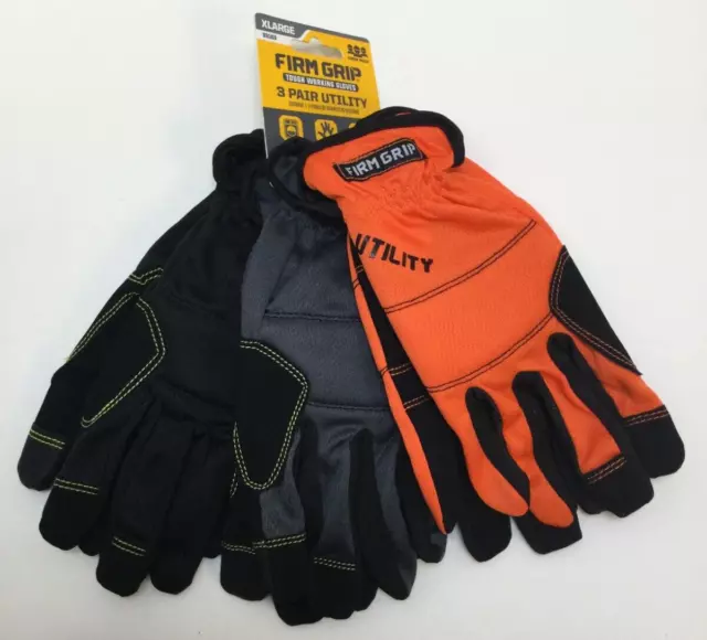 FIRM GRIP, Utility, X-Large Gloves, (3-Pack), Black/Grey/Orange, Free Shipping!!