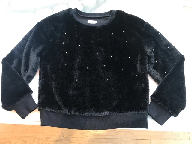 Girls Black Velvet Jumper River Island Embellished Gold Stud Fluffy Soft 9-10y