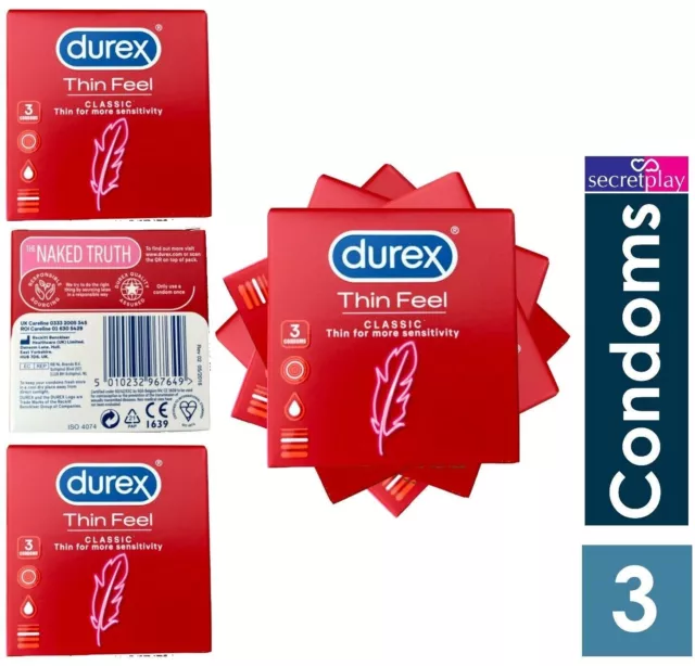 Durex Thin Feel Condoms Pack of 3 | Lubricated Thin For Sensitivity Width 56mm