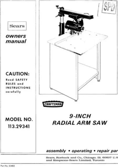 Craftsman 113.29341 1972 9" sierra brazo radial instrucciones manuales del propietario en USB