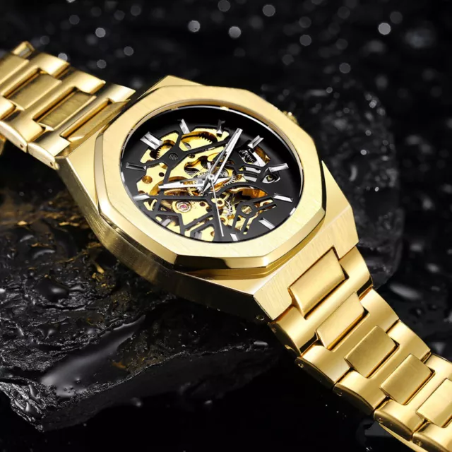 Mens Mechanical Automatic Watch Gear Shape Skeleton Dial Wristwatch Luxury Gift