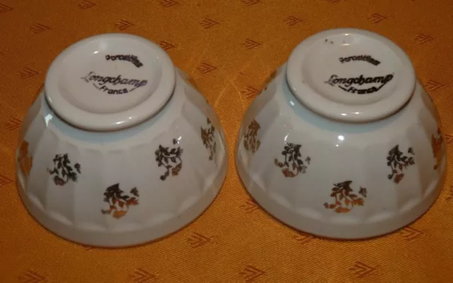 Lot 2 anciens petits bols côtelés en porcelaine de Longchamp blancs à décor doré