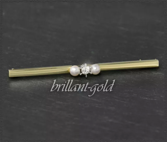 Diamant Brosche mit 0,17ct Altschliff Brillant & Perlen, aus 585 Gold, Vintage