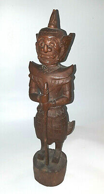 Asian Hand Carved Wood Deity Antique Guardian Wooden Statue Old Thailand Hindu