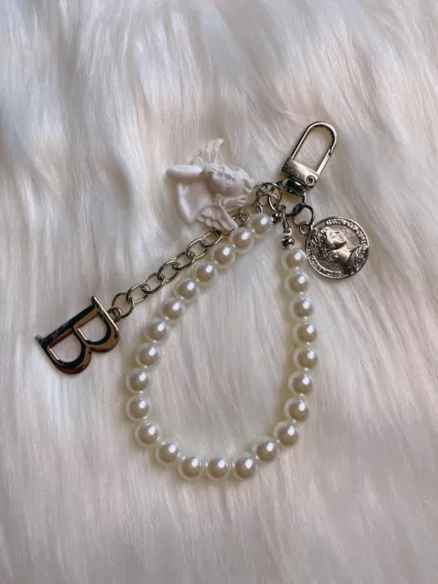 Christmas White Angel Bag Charm Keychain Faux Pearl Strap Letter B Silver