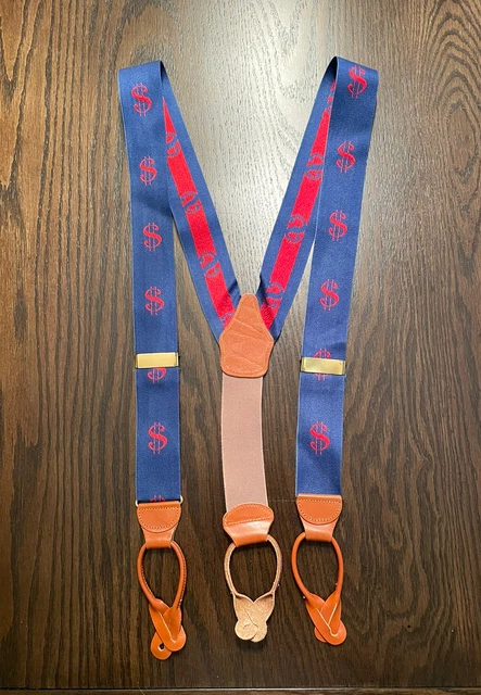 Vtg Dooney & Bourke Mens Dollar Signs $ Suspenders Navy Blue Brown Leather as is